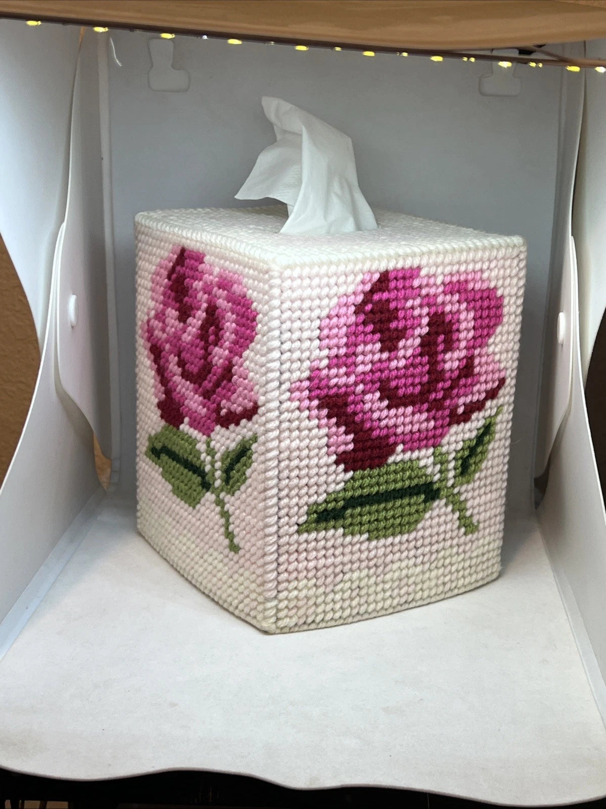 Handmade Needlepoint Pink Rose Boutique Tissue Box Cover | eBay