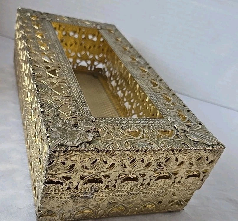 Vintage Hollywood Regency Brass Tissue Box Cover Ornate Filigree Mesh Lid Vanity | eBay