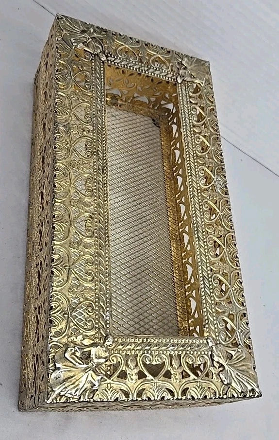 Vintage Hollywood Regency Brass Tissue Box Cover Ornate Filigree Mesh Lid Vanity | eBay