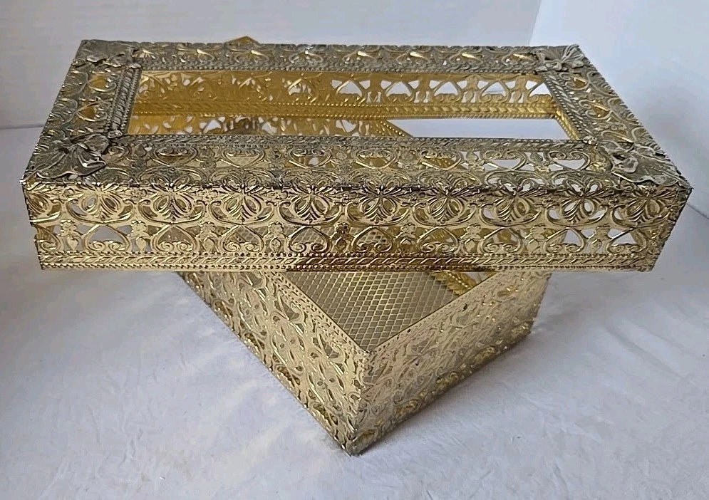 Vintage Hollywood Regency Brass Tissue Box Cover Ornate Filigree Mesh Lid Vanity | eBay