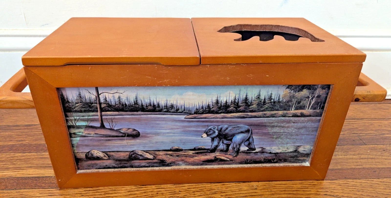 VTG Wooden Tissue Box Bear Forest Scene Rustic Cabin Decor | eBay