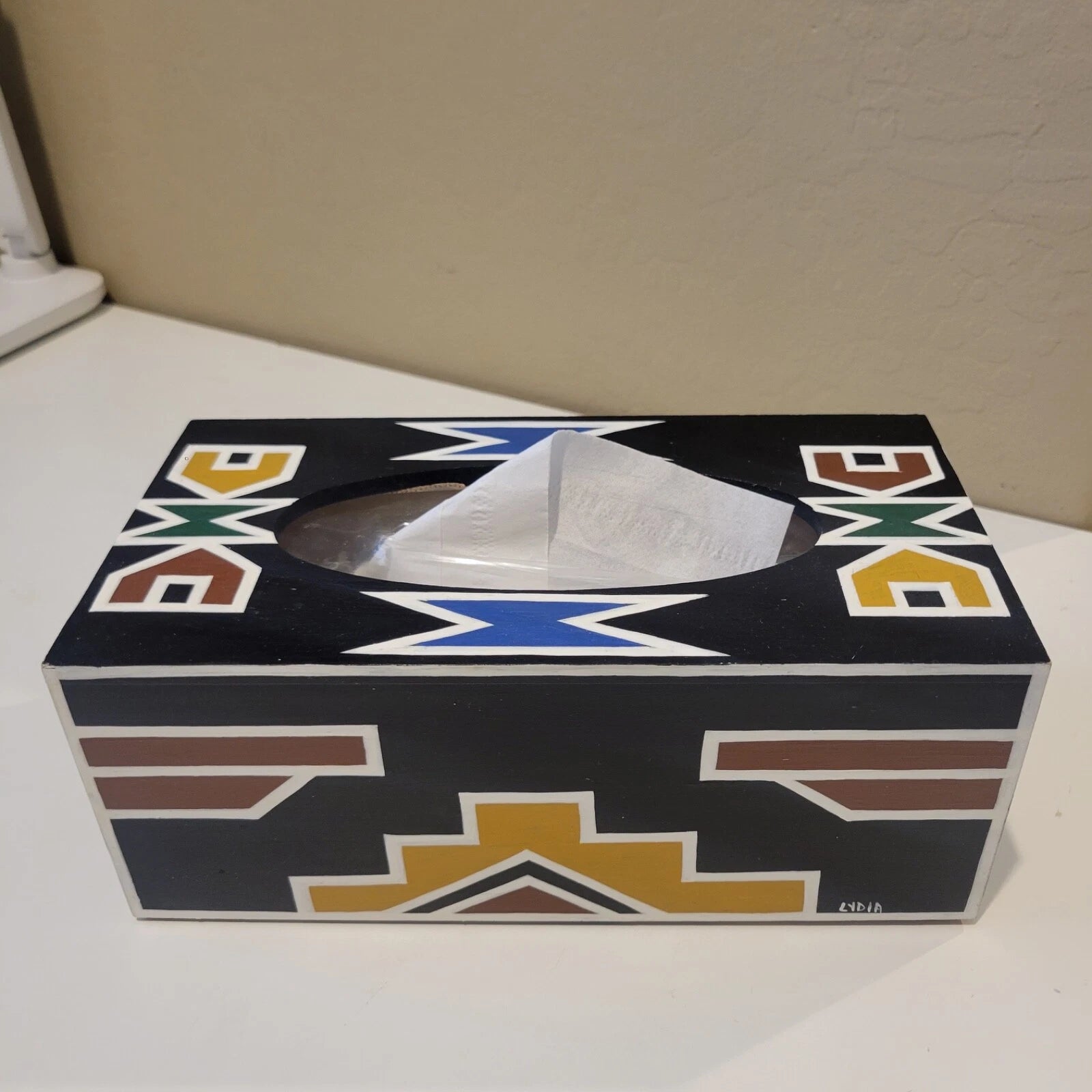 Wooden Tissue Box Cover Hand Painted Geometric Mission Style Southwest | eBay