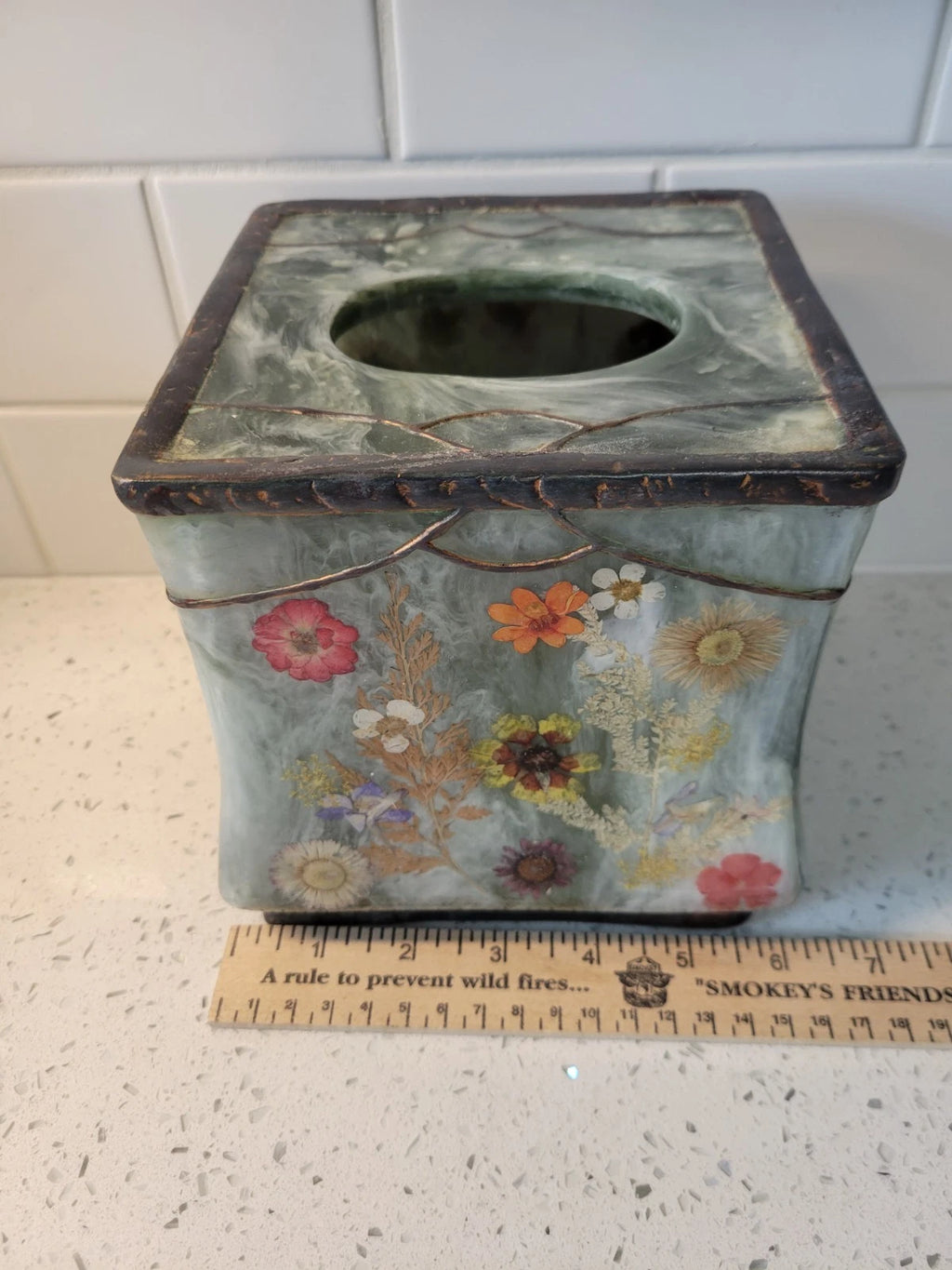 vintage " fresh fields" green marbled resin with pressed flowers tissue box... | eBay