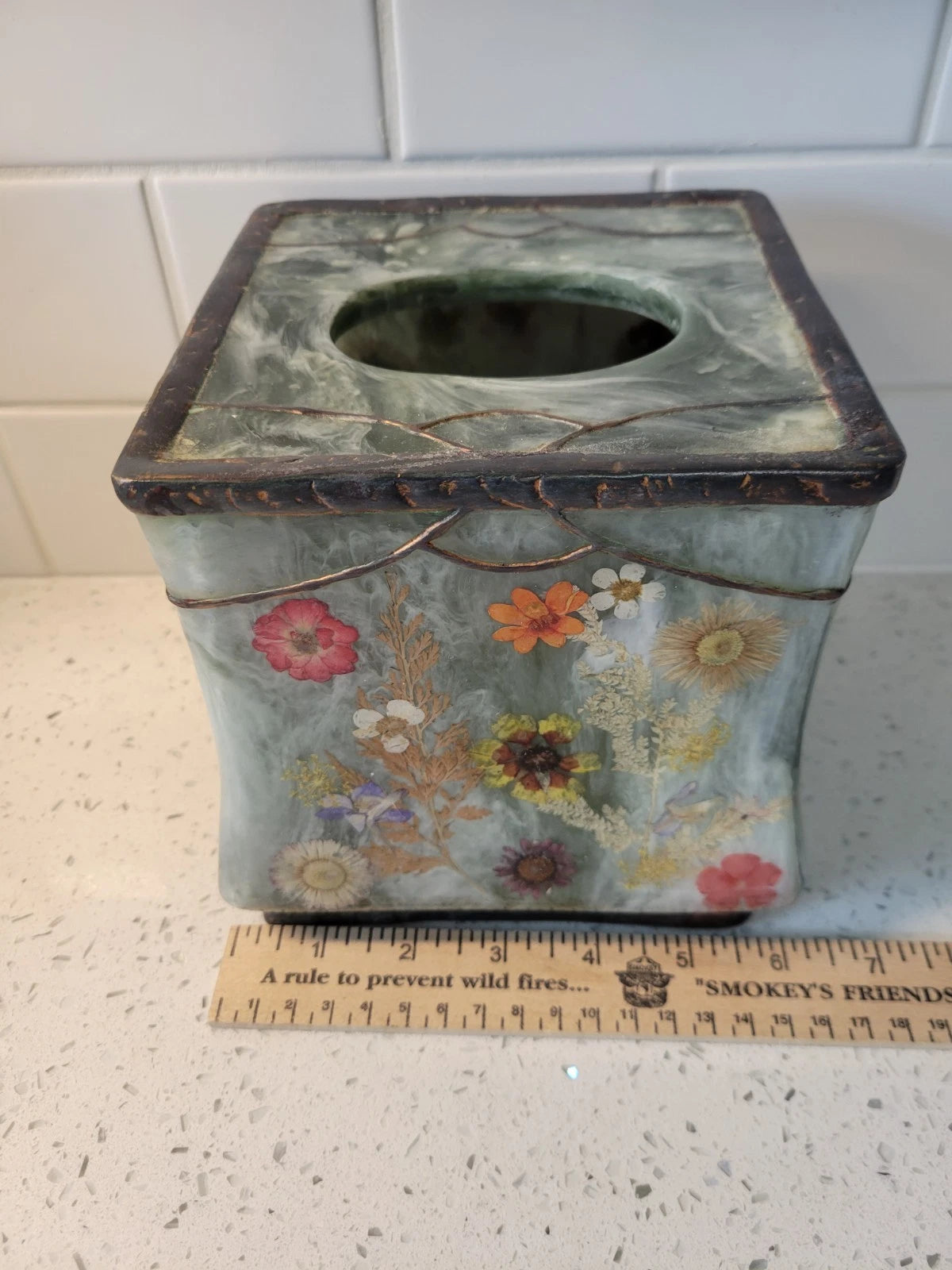 vintage " fresh fields" green marbled resin with pressed flowers tissue box... | eBay