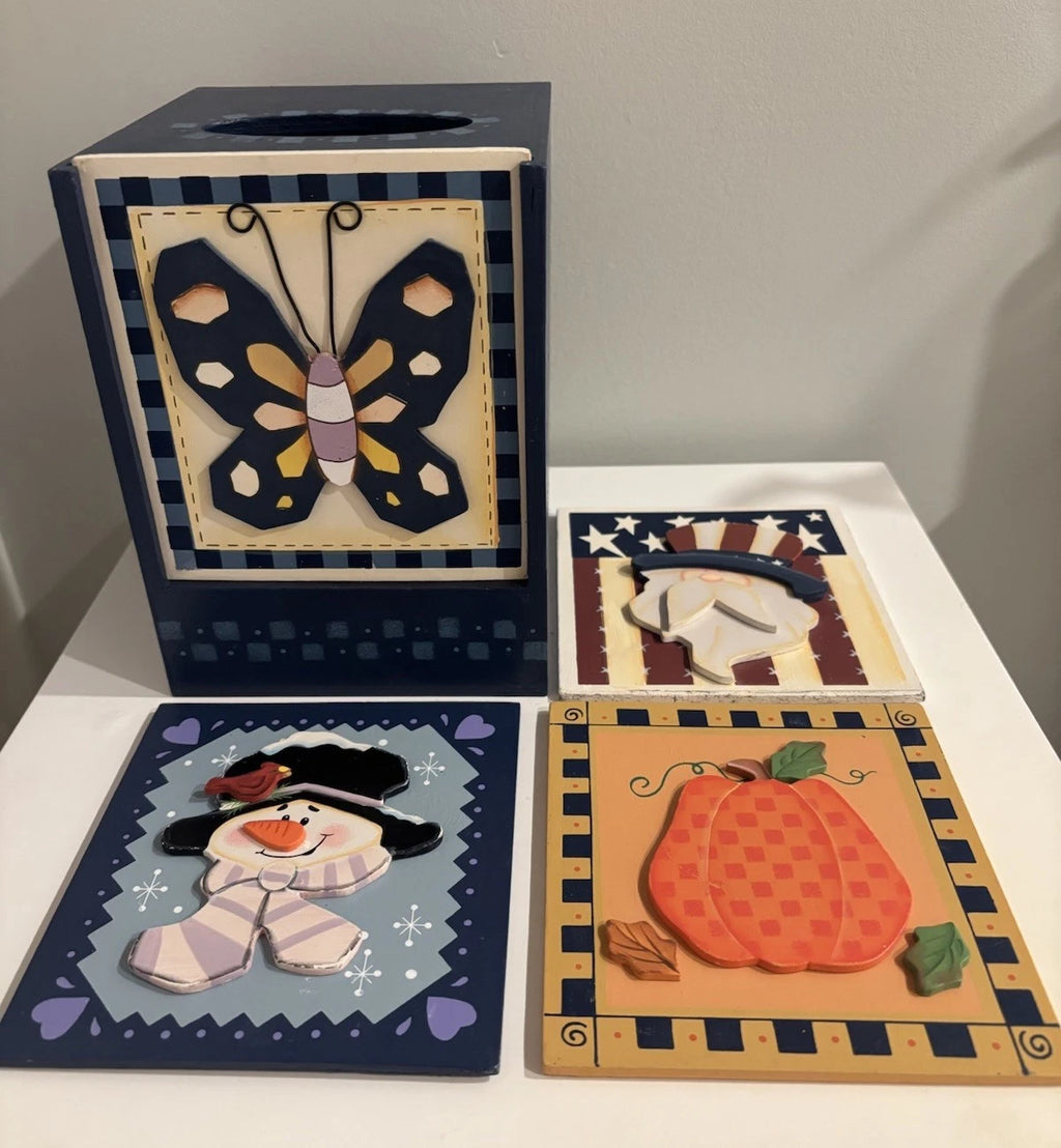 Tissue Box Cover Wooden With Interchangeable Seasonal Panels Country Decor | eBay