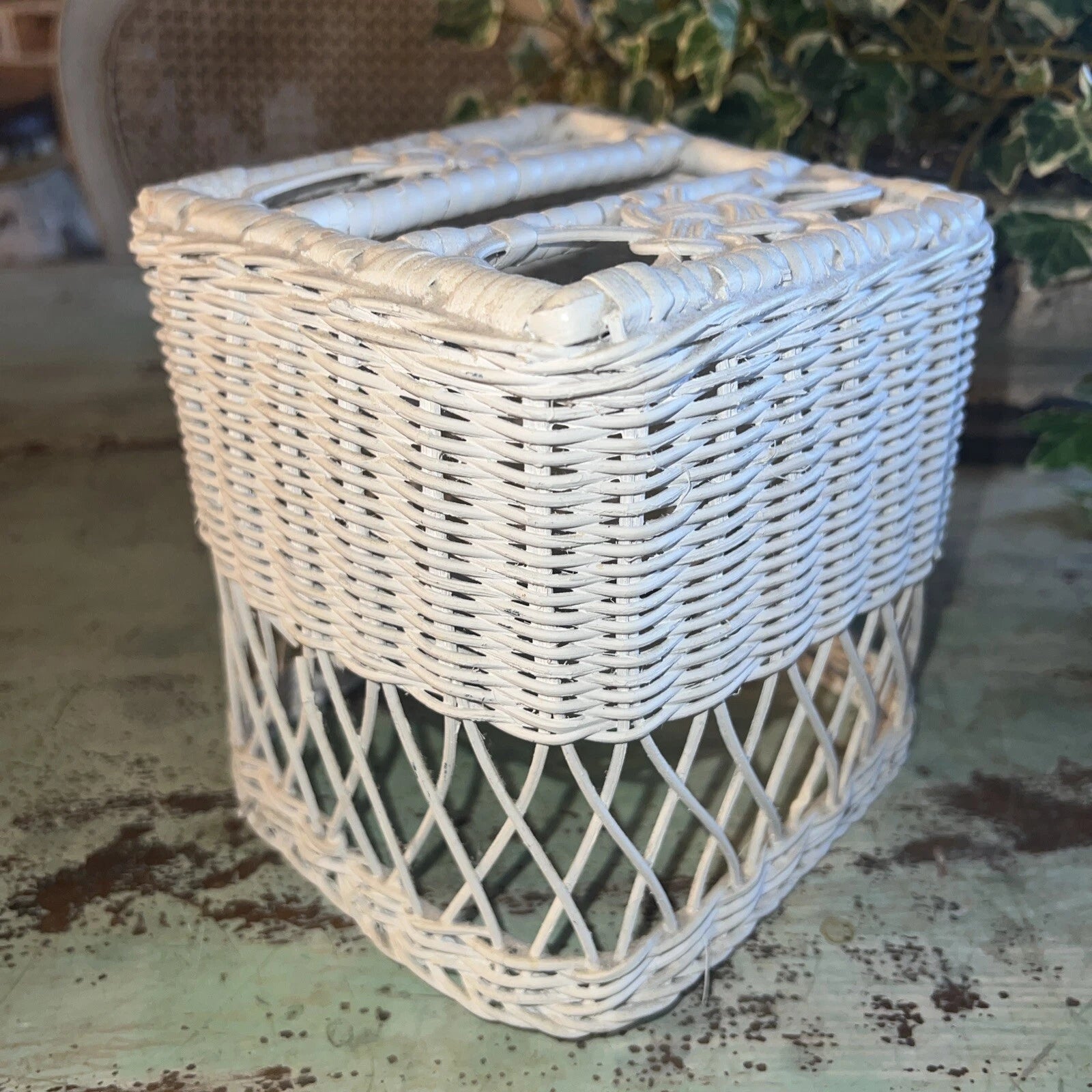 Vintage White Wicker Tissue Box Cover Square Boho Cottage | eBay