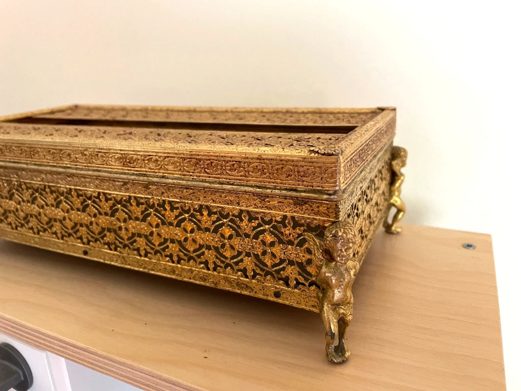 Vintage Gilt Filigree Metal Tissue Box Winged Cherub Feet Mid Century Modern | eBay