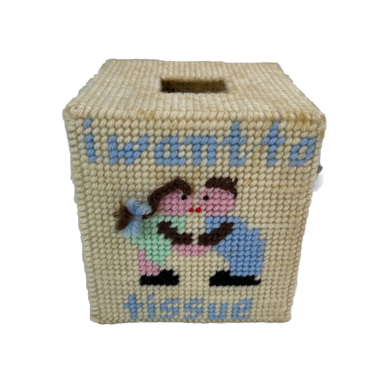 Vintage Needlepoint Tissue Box Cover “I Want To Tissue” Kissing Multicolor Cute! | eBay