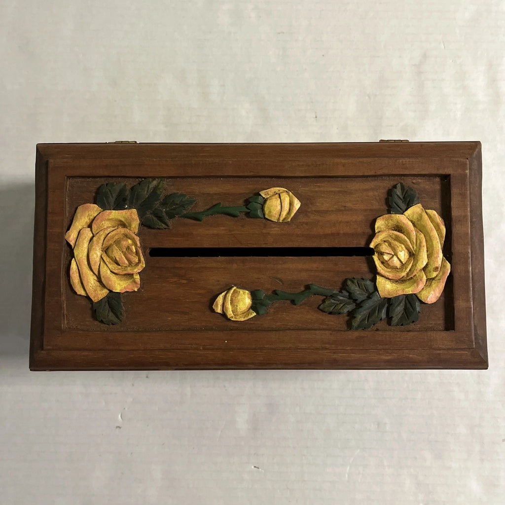Vintage Hand Carved Wooden Tissue Box Holder Box Yellow Floral Boho Hippie | eBay