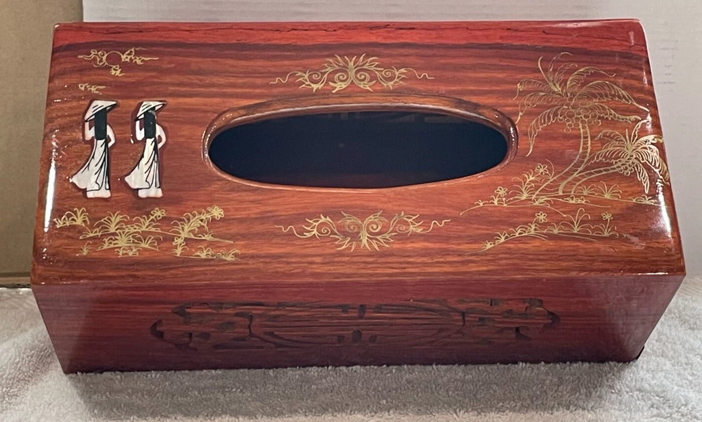 VINTAGE ASIAN WOODEN HAND CARVED TISSUE BOX COVER W/ INLAY DESIGN & SLIDING TRAY | eBay