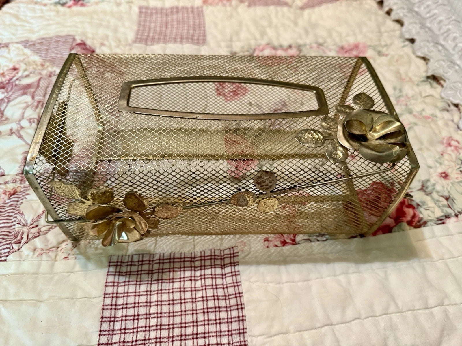 Vintage 1950s Gold Metal Tissue Box Cover Holder with Roses vanity mid century | eBay