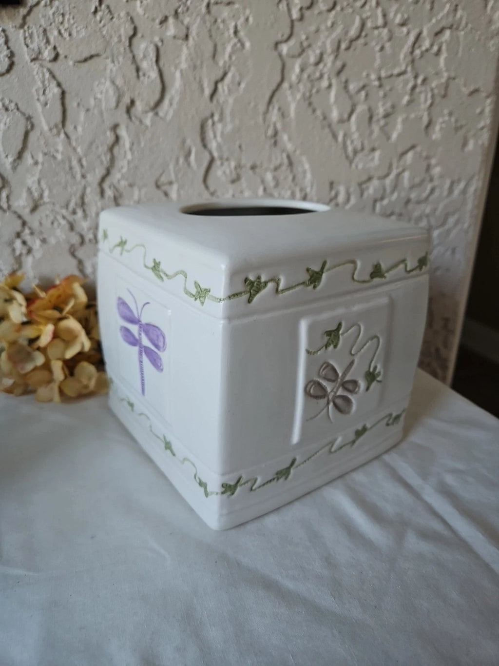 Dragonfly Square Ceramic Tissue Box Cover White Green Purple | eBay