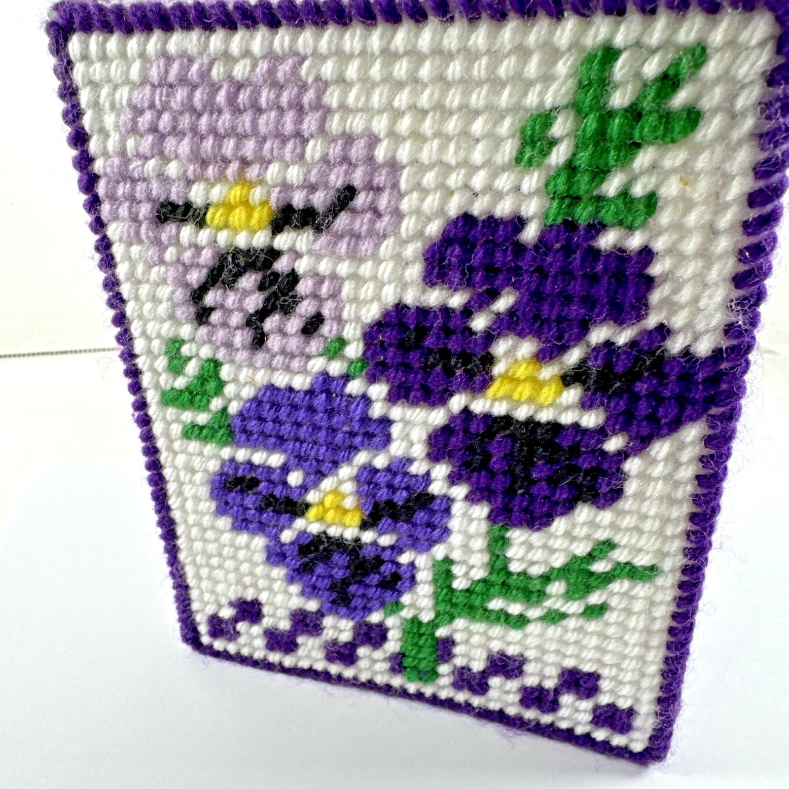 Vtg ESTATE Handmade Needlepoint Pansy's Floral Tissue Box Cover NICE! | eBay