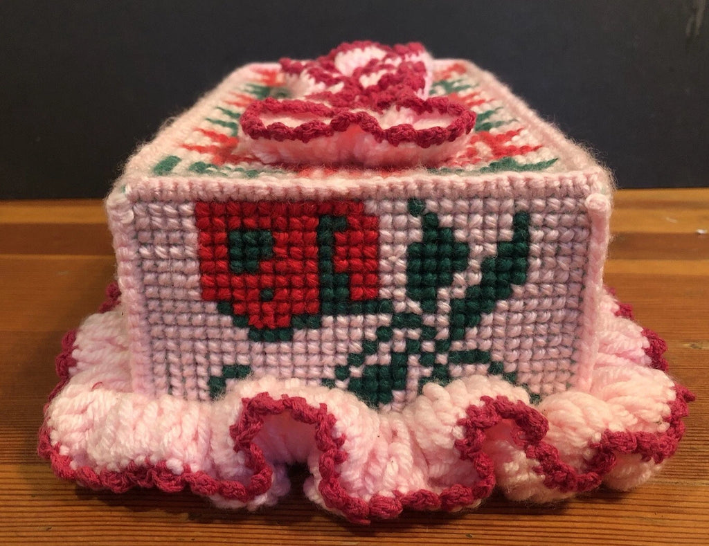 Vtg 70’s Knit FLORAL TISSUE BOX Cover 11x7x3.5” Granny Core O’KEEFE! Pink Red | eBay