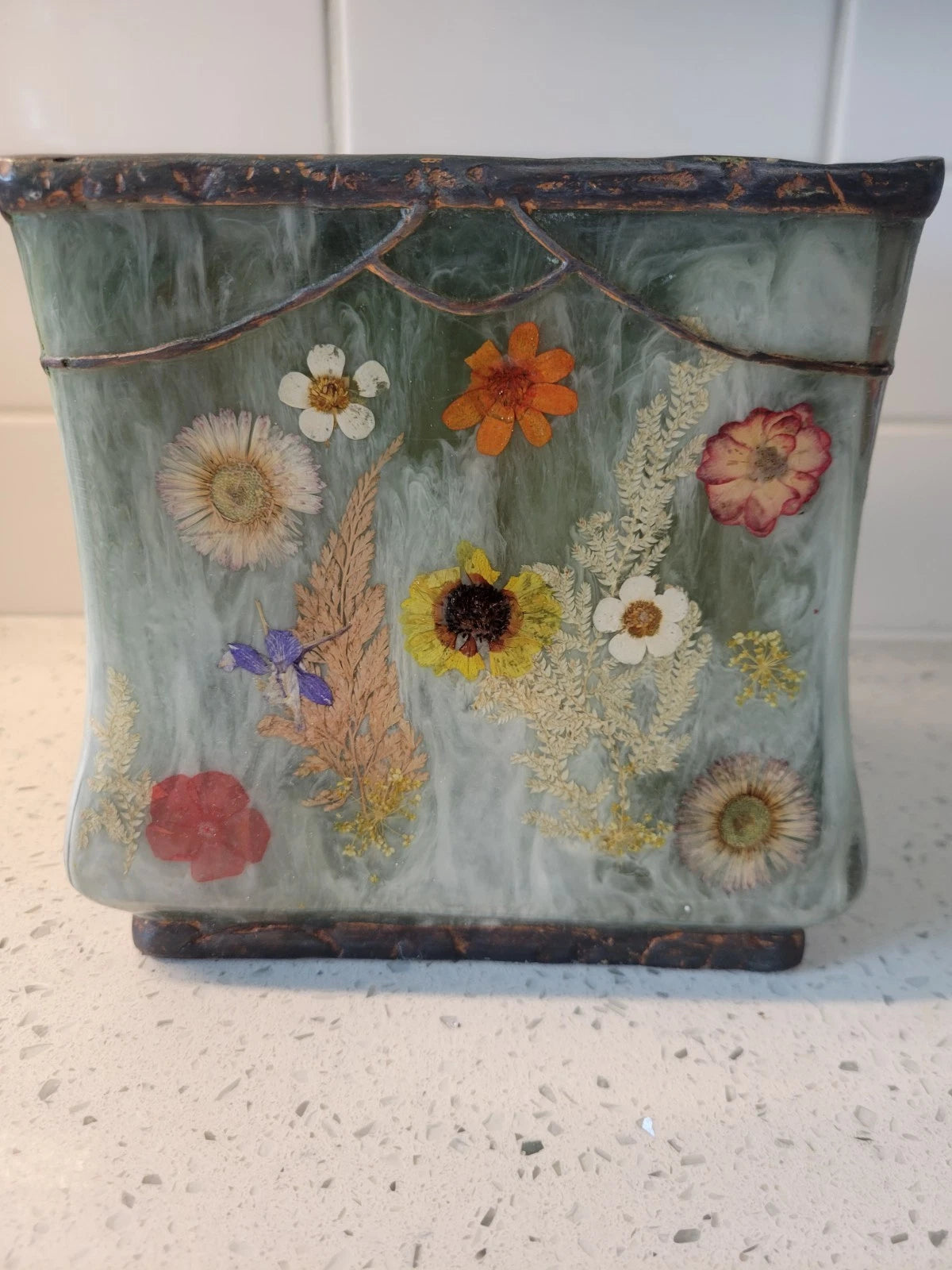 vintage " fresh fields" green marbled resin with pressed flowers tissue box... | eBay