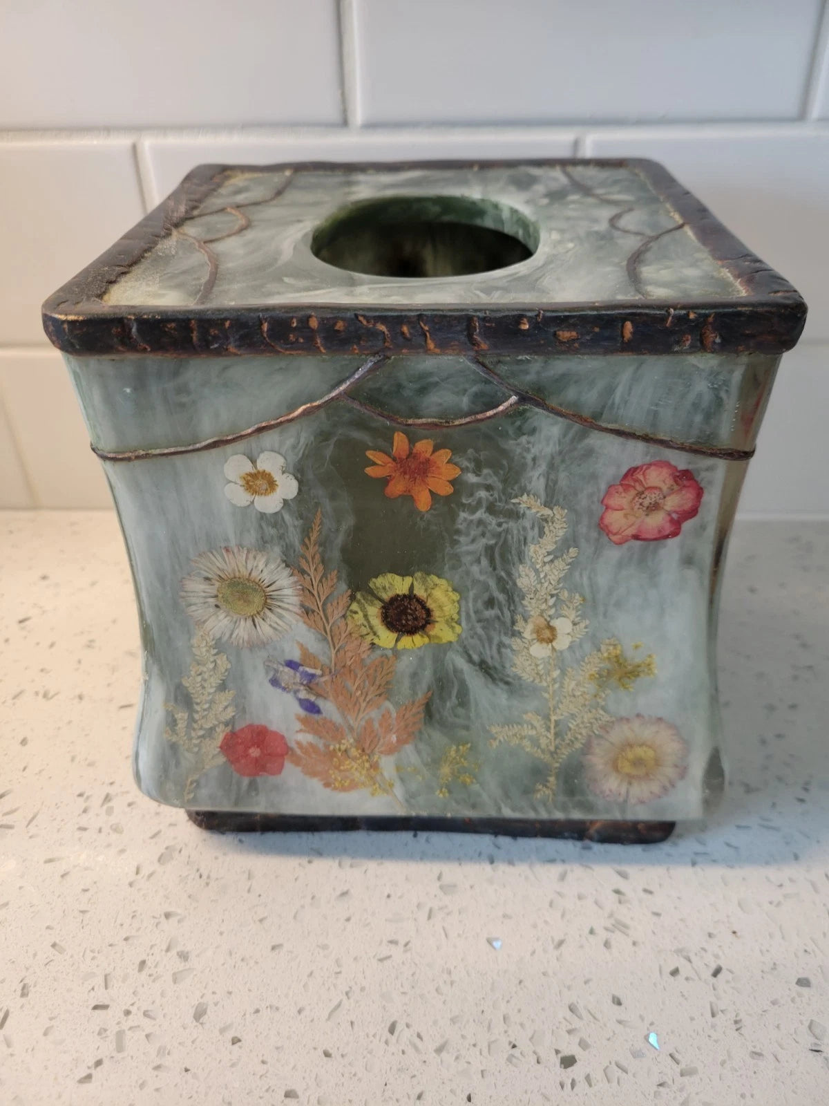 vintage " fresh fields" green marbled resin with pressed flowers tissue box... | eBay