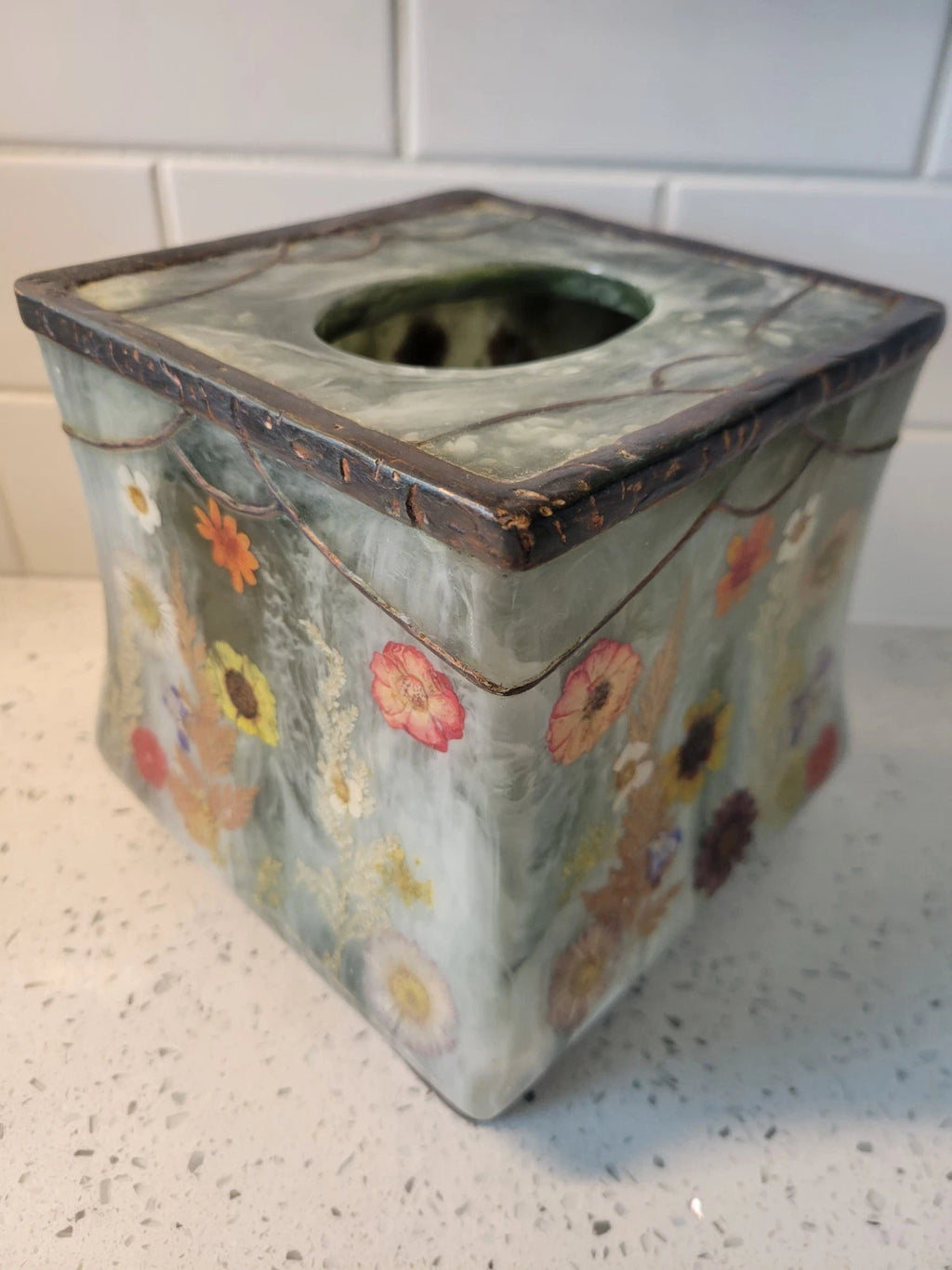 vintage " fresh fields" green marbled resin with pressed flowers tissue box... | eBay