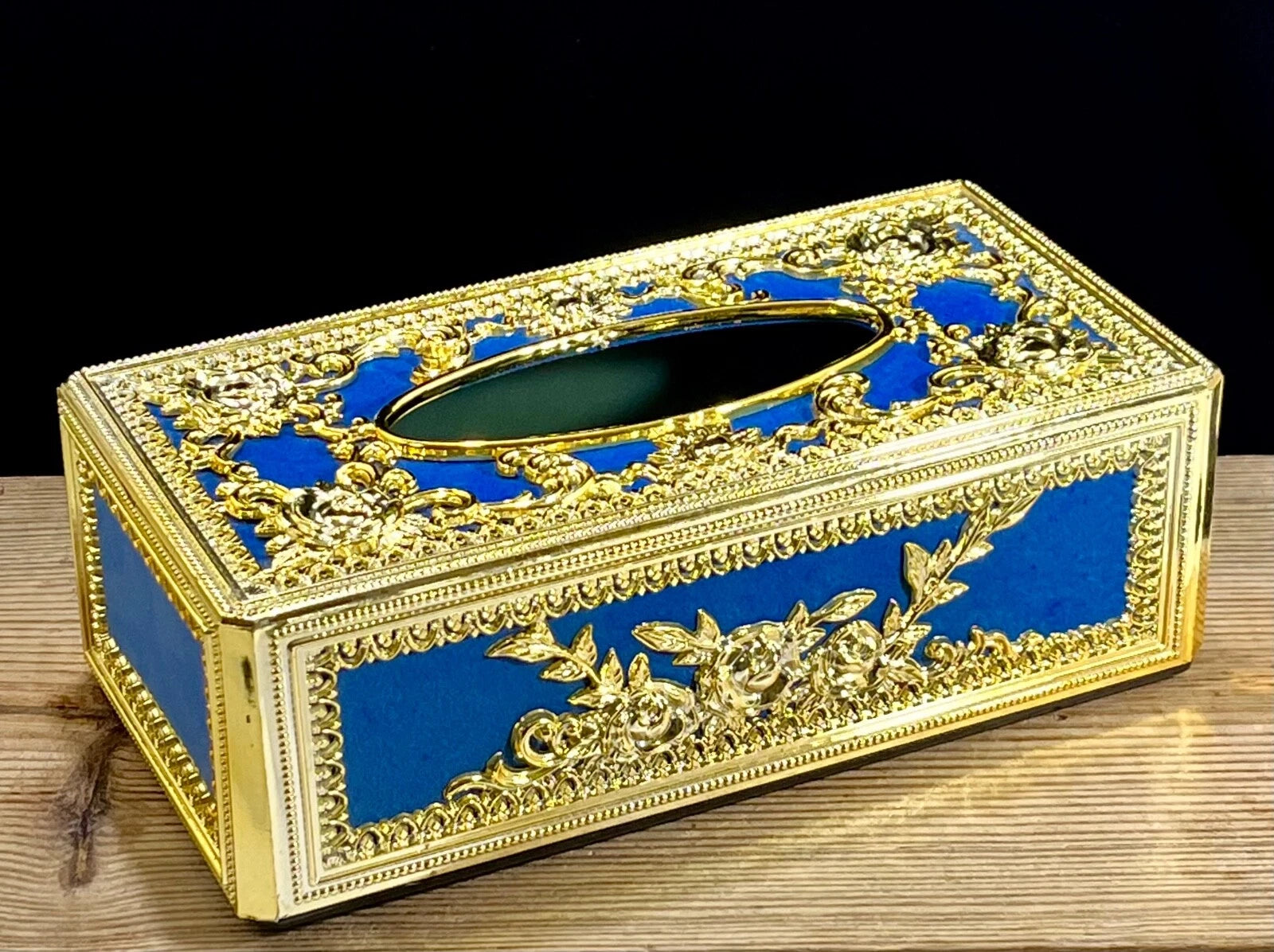 Hollywood Regency Vintage Blue & Gold Repousse Ornate Rose Tissue Box Cover | eBay