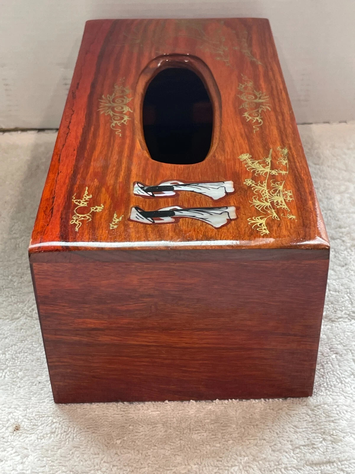 VINTAGE ASIAN WOODEN HAND CARVED TISSUE BOX COVER W/ INLAY DESIGN & SLIDING TRAY | eBay