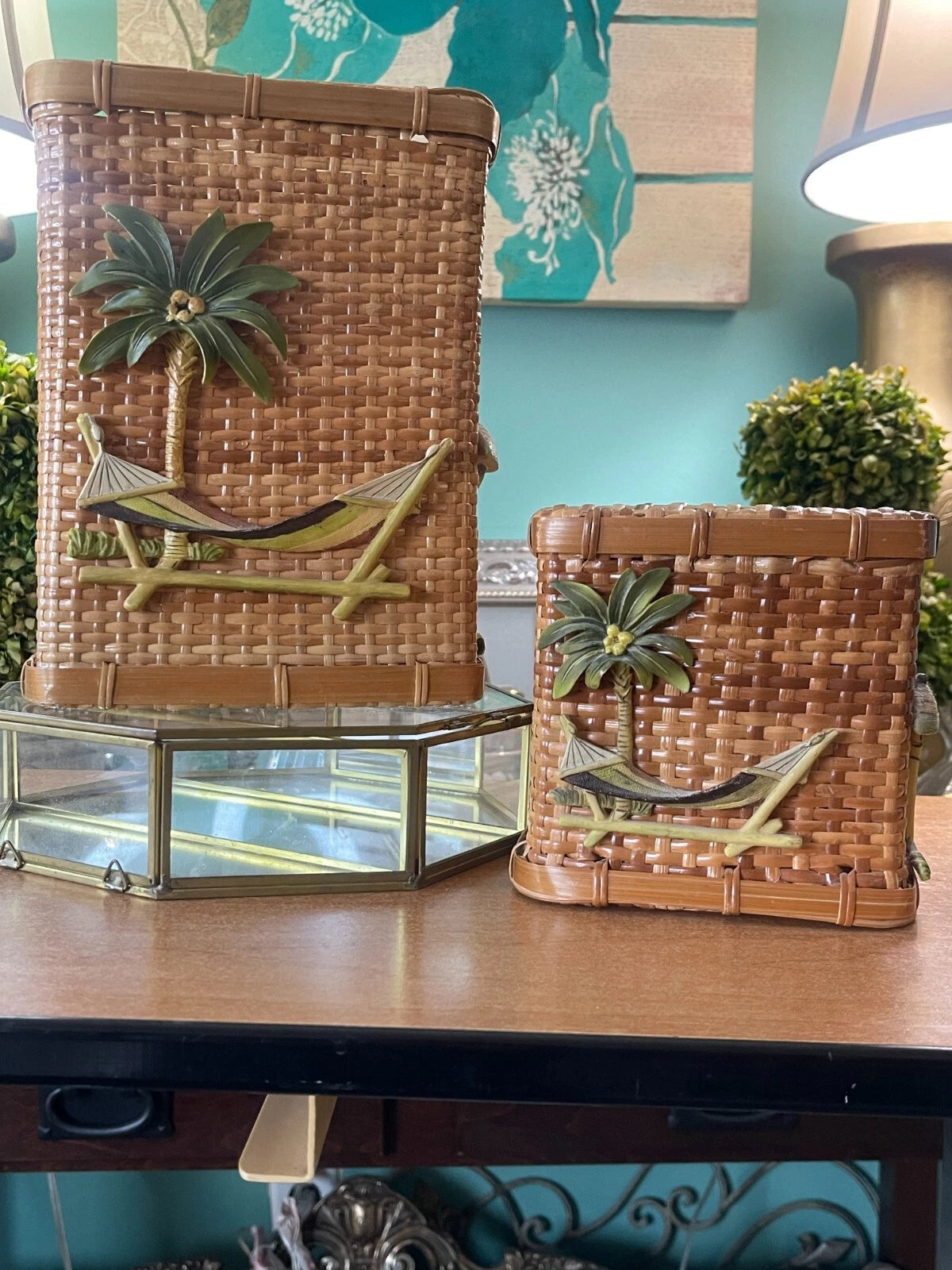 Wicker/Rattan Tropical Decor, Tissue Box /Box, Palm Tree & Hammock, Boho | eBay