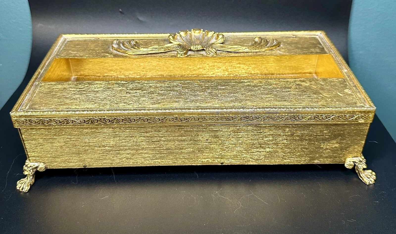 Vintage Vanity Tissue Box Holder Shell Ornate Hollywood Regency Gold Footed | eBay