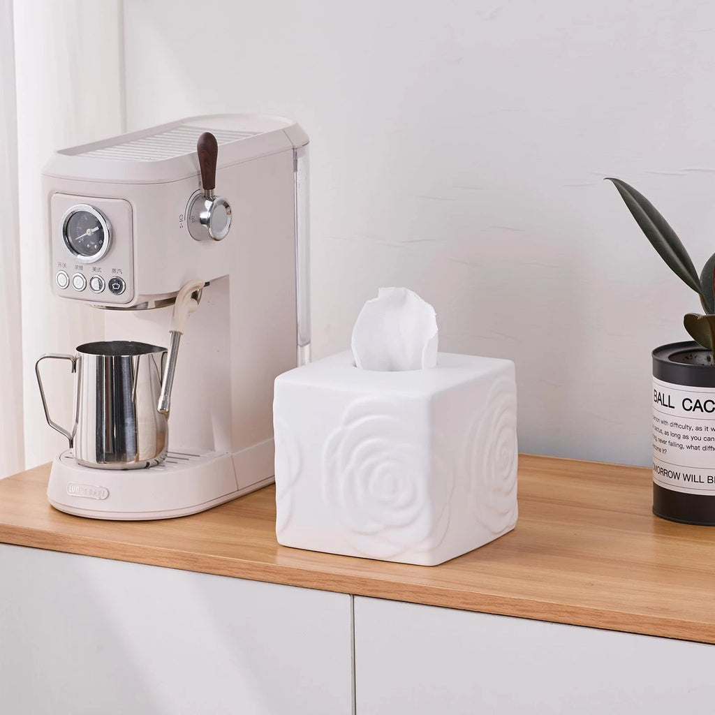 White Ceramic Rose Tissue Box Cover, Carved Flowers Large Square Tissue Box H... | eBay