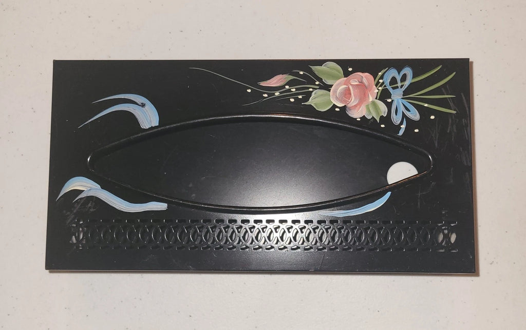 Vintage Metal Tissue Box Holder Black With Toile Flowers Hand Painted | eBay