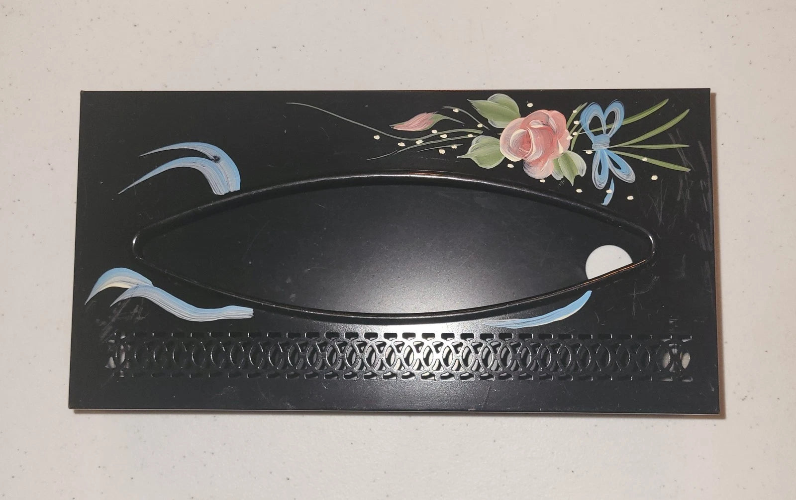 Vintage Metal Tissue Box Holder Black With Toile Flowers Hand Painted | eBay