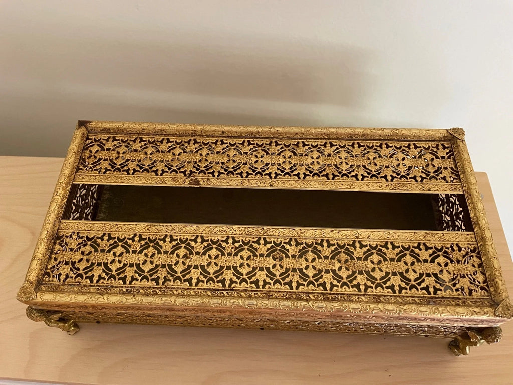Vintage Gilt Filigree Metal Tissue Box Winged Cherub Feet Mid Century Modern | eBay