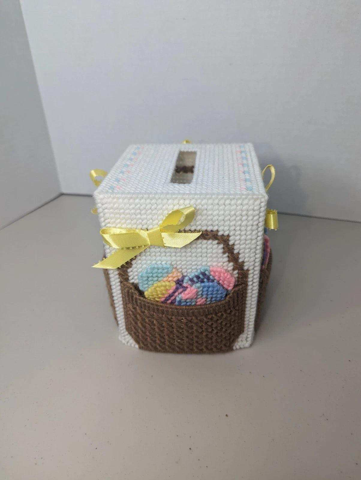 Vtg Plastic Canvas Needlepoint Easter Egg Basket Square Tissue Cover Box | eBay