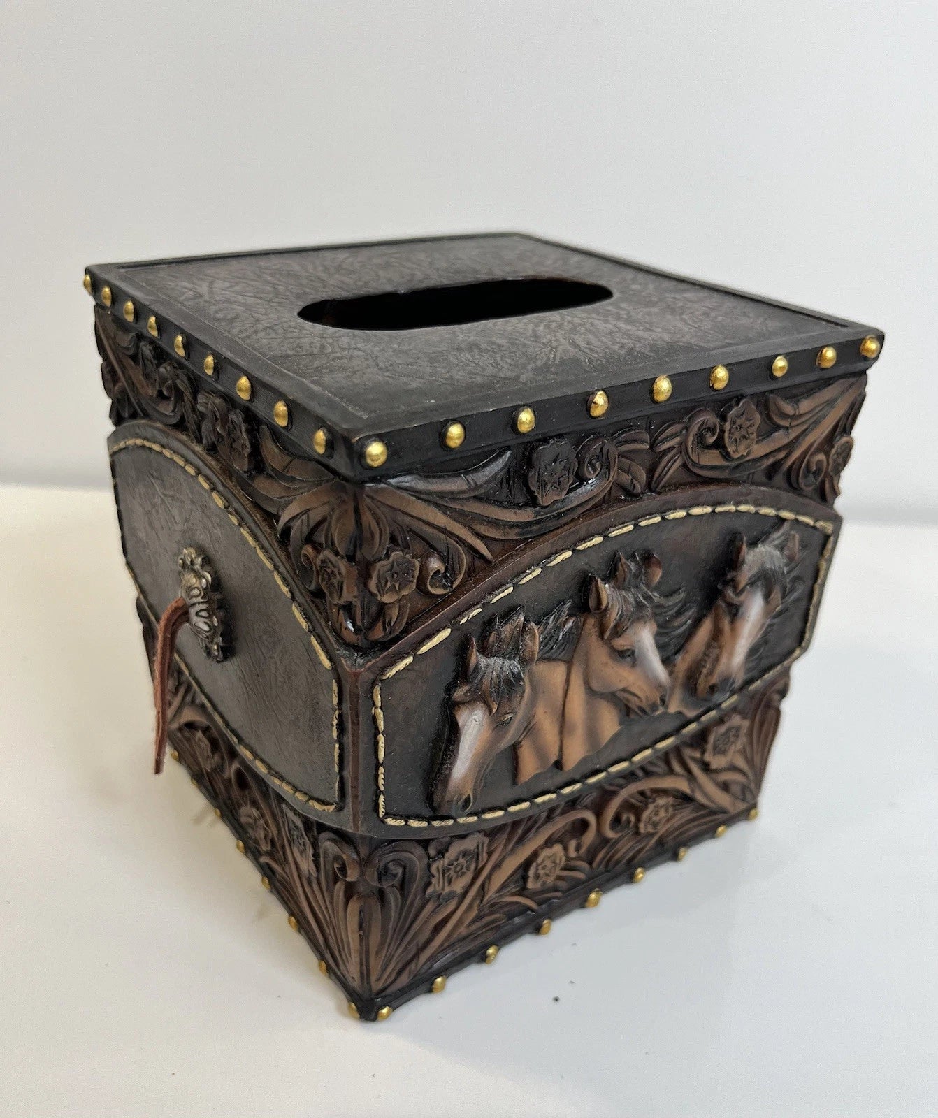 Horse Tooled Leather Tissue Box Cover Western Rustic Home Décor Resin Equestrian | eBay