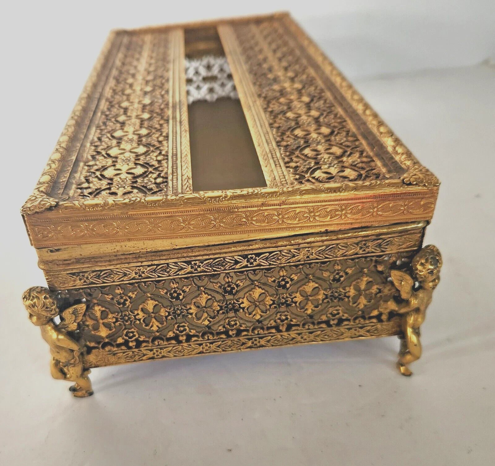 1940's Hollywood Regency Tissue Box Holder Cherub Feet Brass Filigree Gold Tone | eBay
