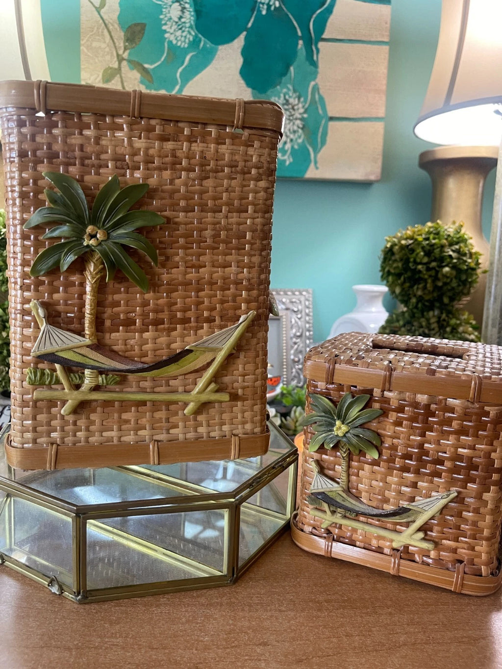 Wicker/Rattan Tropical Decor, Tissue Box /Box, Palm Tree & Hammock, Boho | eBay