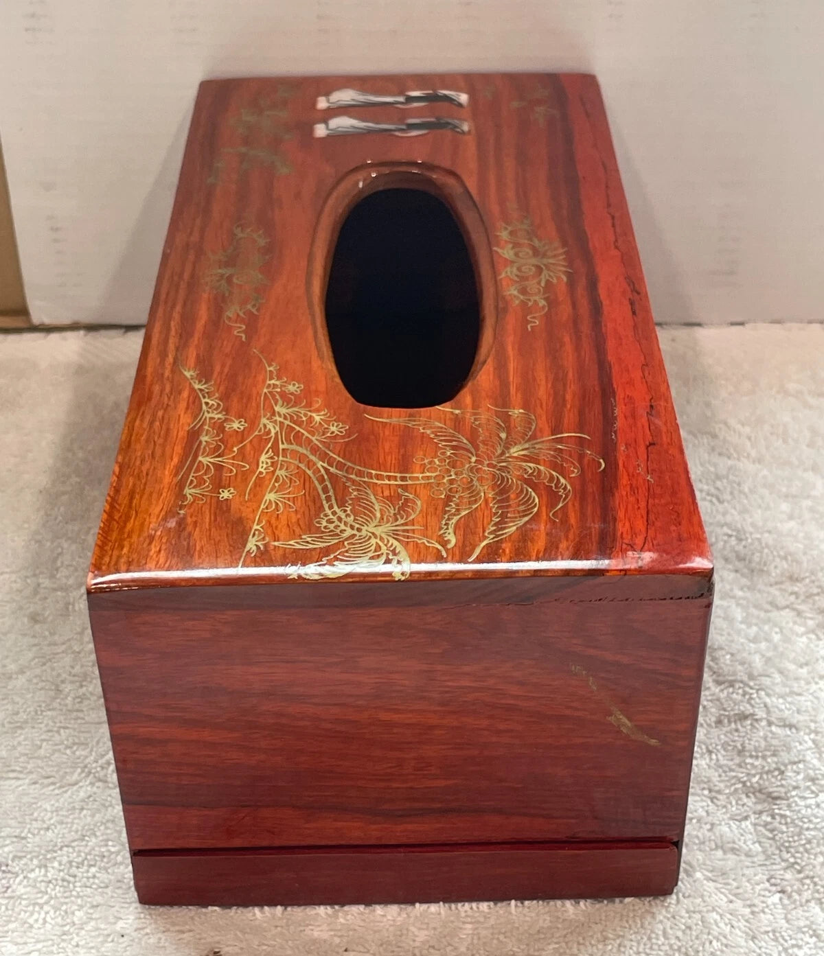 VINTAGE ASIAN WOODEN HAND CARVED TISSUE BOX COVER W/ INLAY DESIGN & SLIDING TRAY | eBay