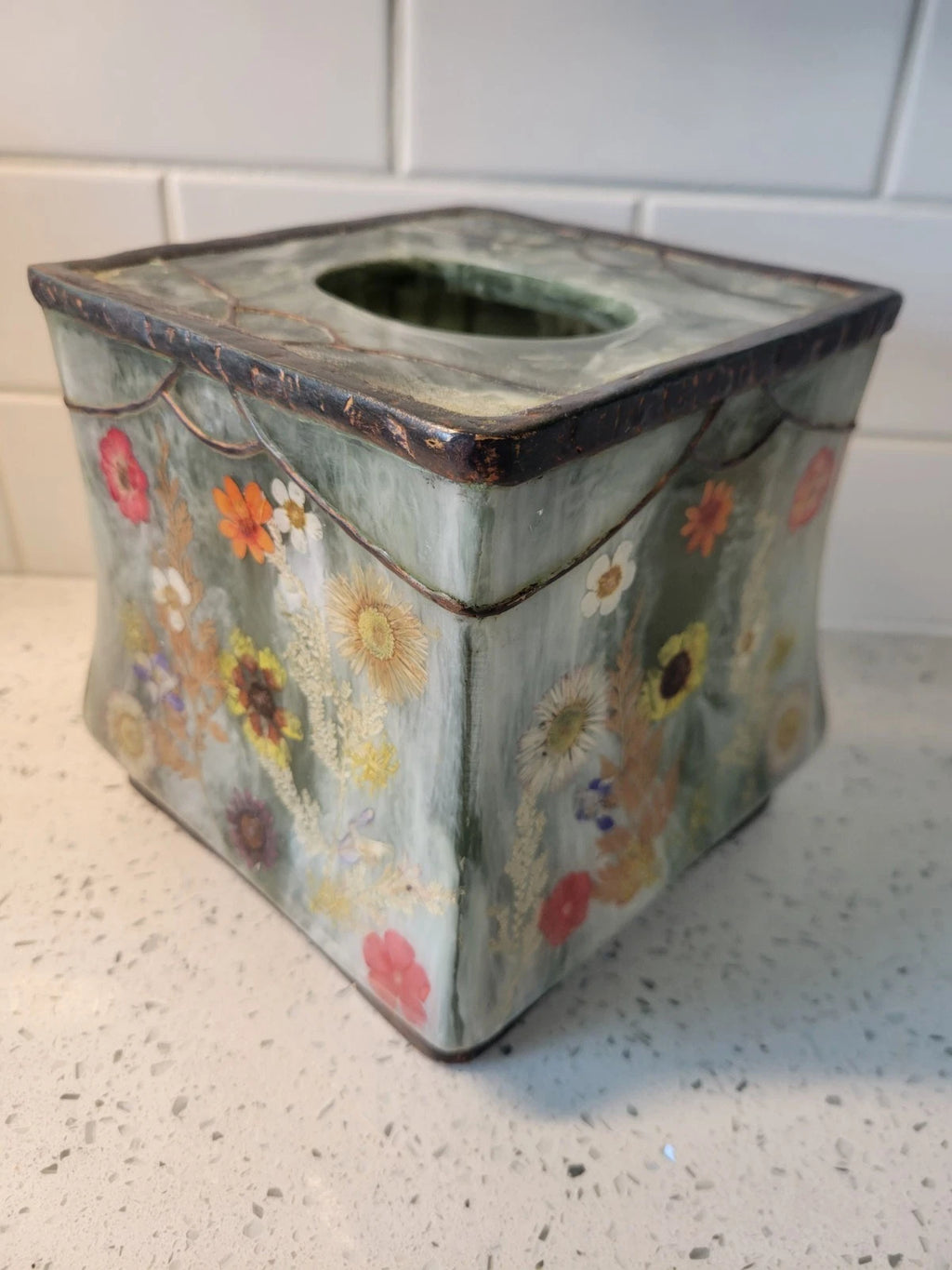 vintage " fresh fields" green marbled resin with pressed flowers tissue box... | eBay