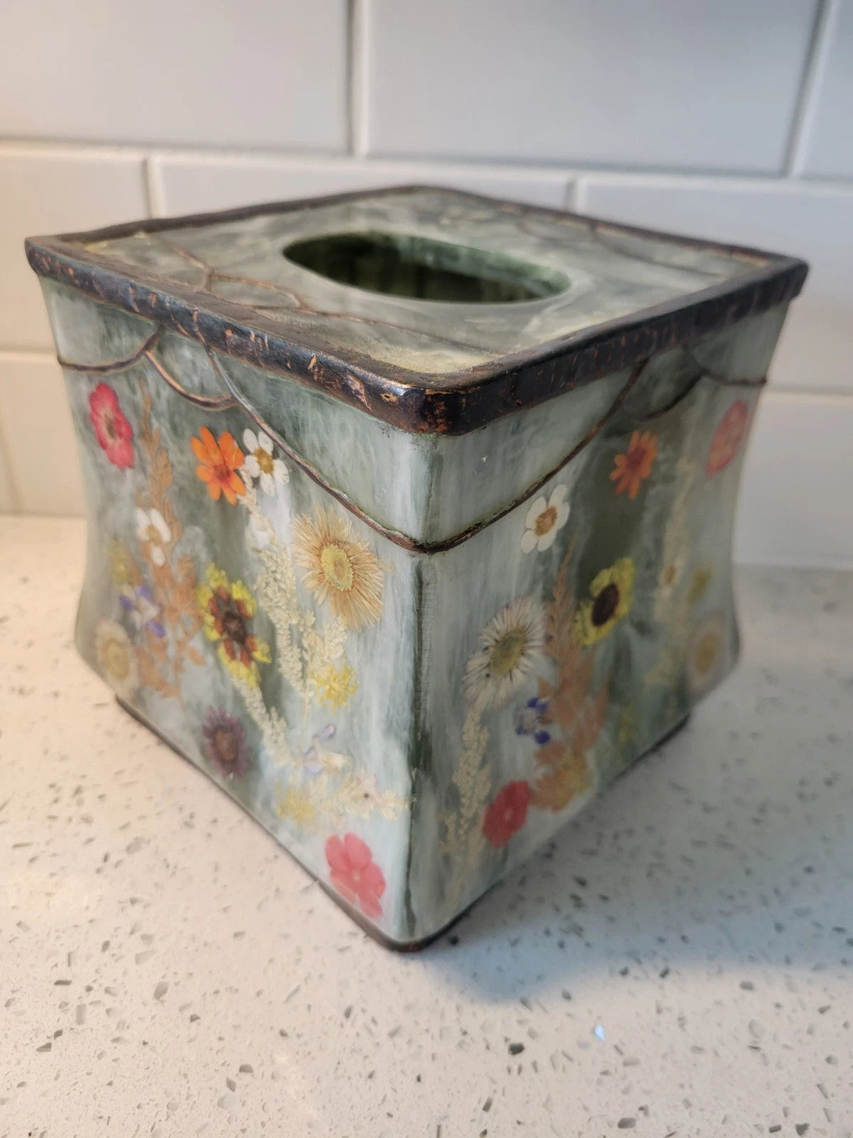 vintage " fresh fields" green marbled resin with pressed flowers tissue box... | eBay
