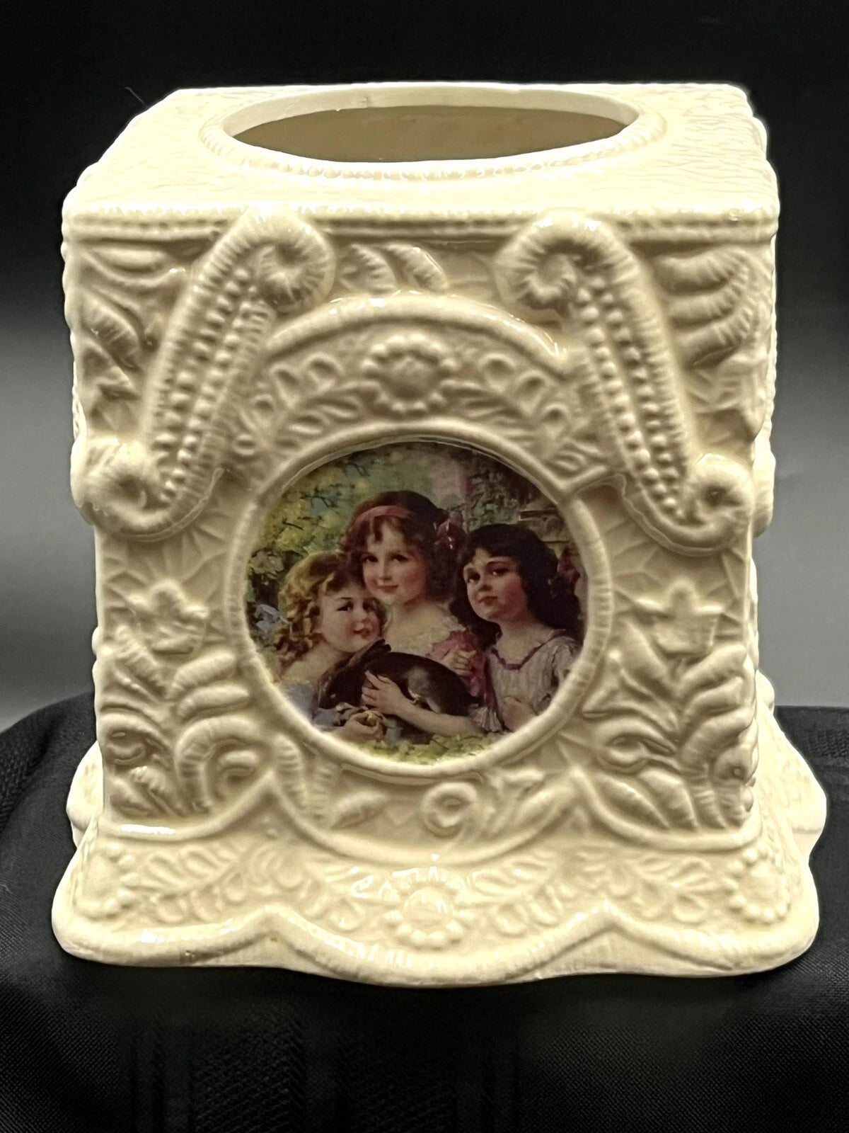 Vintage Ivory Ceramic Hand Painted Tissue Box Holder Victorian Ladies | eBay