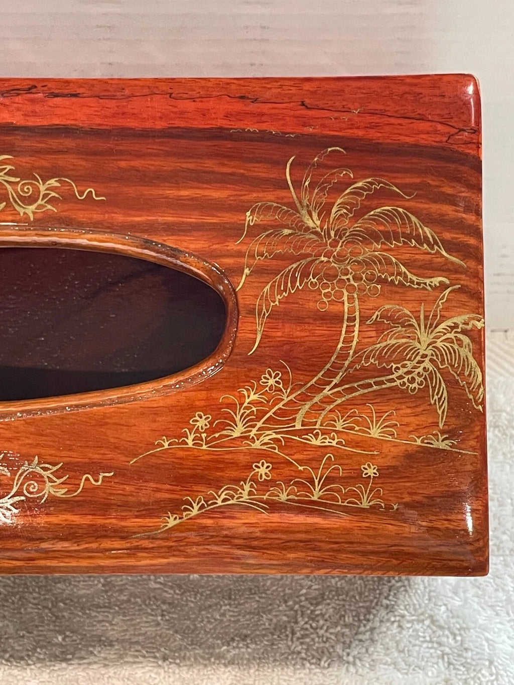 VINTAGE ASIAN WOODEN HAND CARVED TISSUE BOX COVER W/ INLAY DESIGN & SLIDING TRAY | eBay