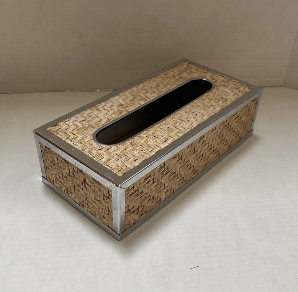 Vintage Wicker Rattan Chrome Tissue Box Cover Wall Holder - Tropical Coastal | eBay