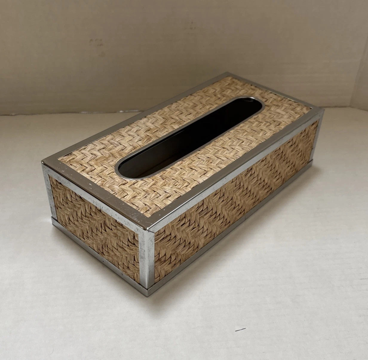 Vintage Wicker Rattan Chrome Tissue Box Cover Wall Holder - Tropical Coastal | eBay