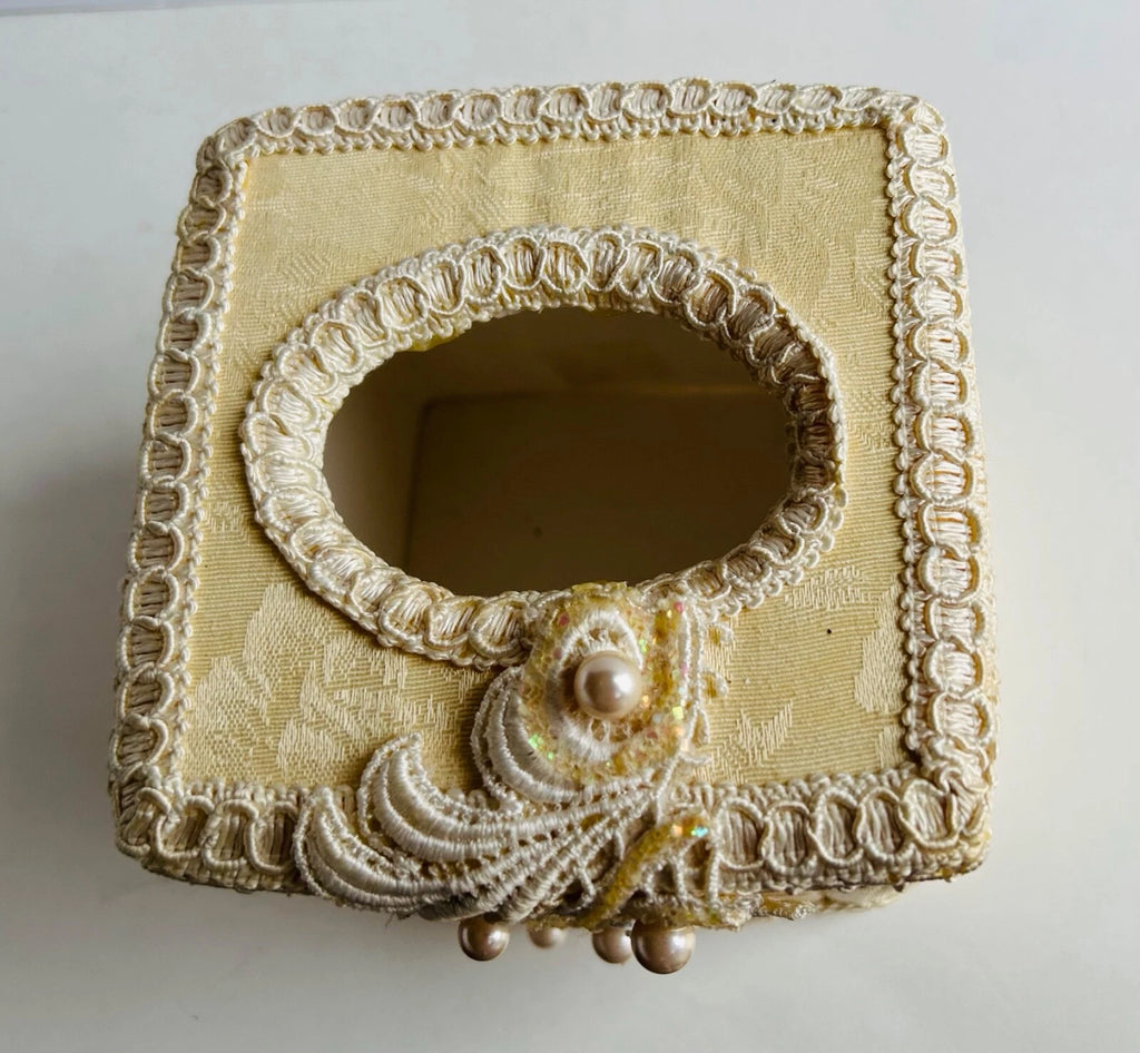 Elegant Square Tissue Box Holder Cream Yellow Fabric & Faux Pearls & Lace | eBay