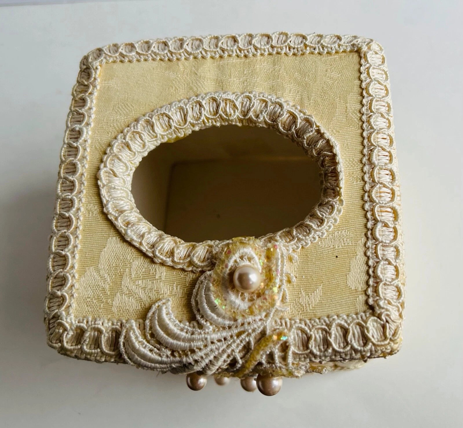 Elegant Square Tissue Box Holder Cream Yellow Fabric & Faux Pearls & Lace | eBay