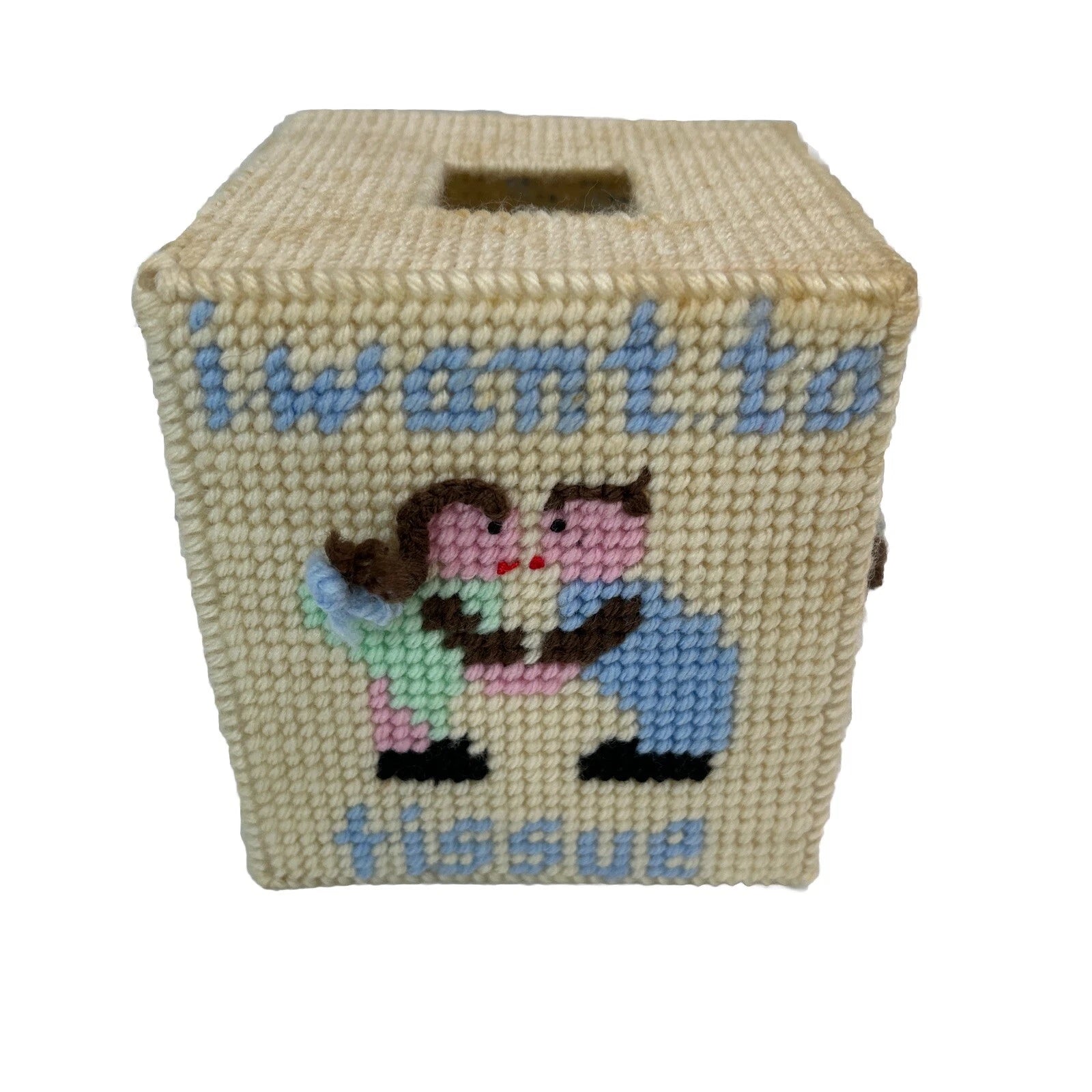 Vintage Needlepoint Tissue Box Cover “I Want To Tissue” Kissing Multicolor Cute! | eBay